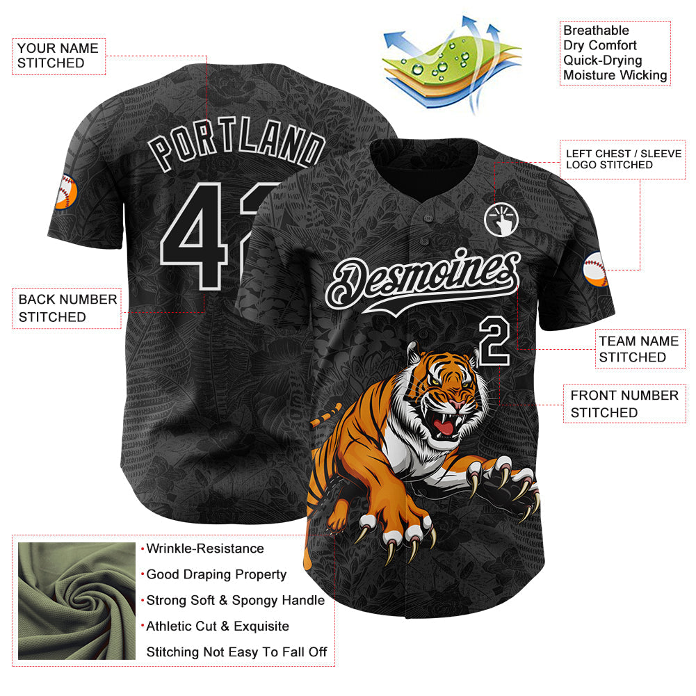 Custom Black White Hawaii Tropical Palm Leaves And Animal Tiger Authentic Baseball Jersey view 3