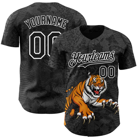 Custom Black White Hawaii Tropical Palm Leaves And Animal Tiger Authentic Baseball Jersey - Main View