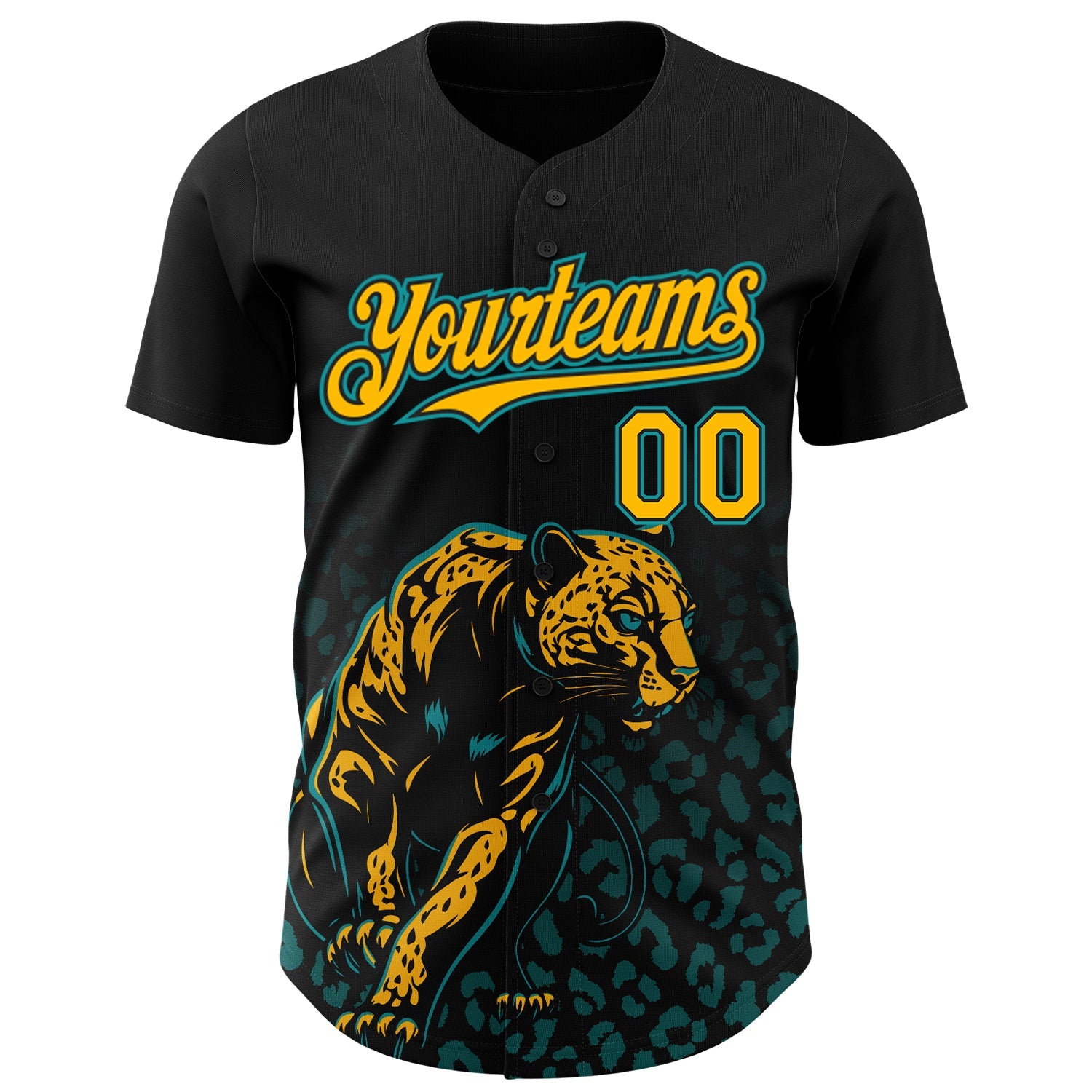 Custom Black Yellow-Teal Gradient Leopard Print Authentic Baseball Jersey view 2