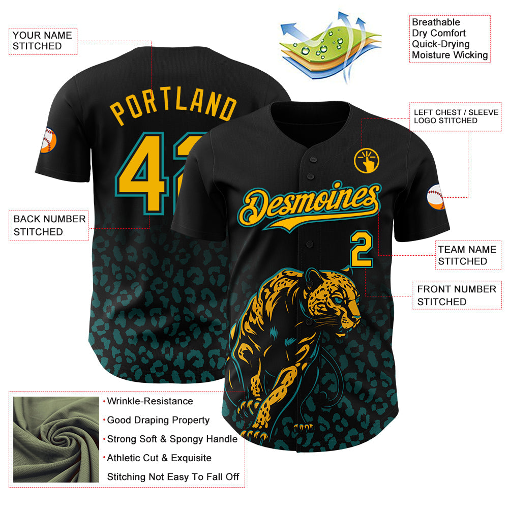 Custom Black Yellow-Teal Gradient Leopard Print Authentic Baseball Jersey view 3