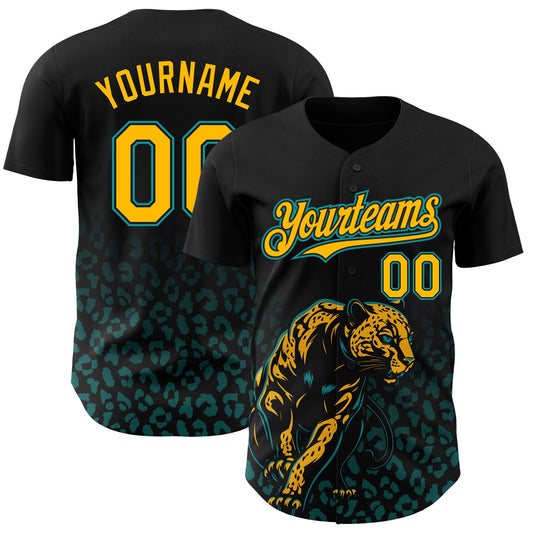 Custom Black Yellow-Teal Gradient Leopard Print Authentic Baseball Jersey - Main View