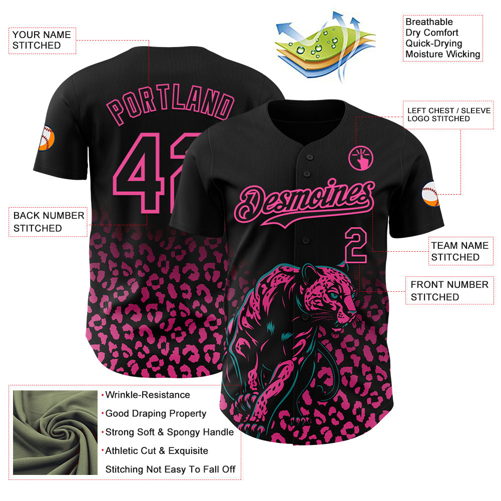 Custom Black Pink Gradient Leopard Print Authentic Baseball Jersey view 3