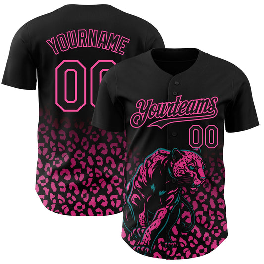 Custom Black Pink Gradient Leopard Print Authentic Baseball Jersey - Main View