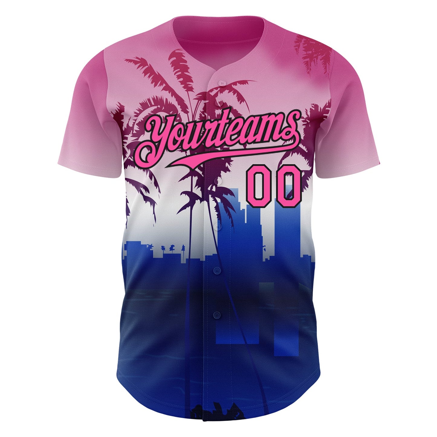 Custom Pink Blue Black-White Gradient Miami Palm Trees City Edition Authentic Baseball Jersey view 2