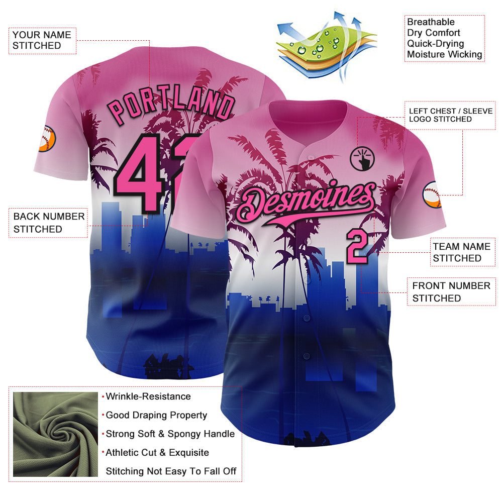 Custom Pink Blue Black-White Gradient Miami Palm Trees City Edition Authentic Baseball Jersey view 3
