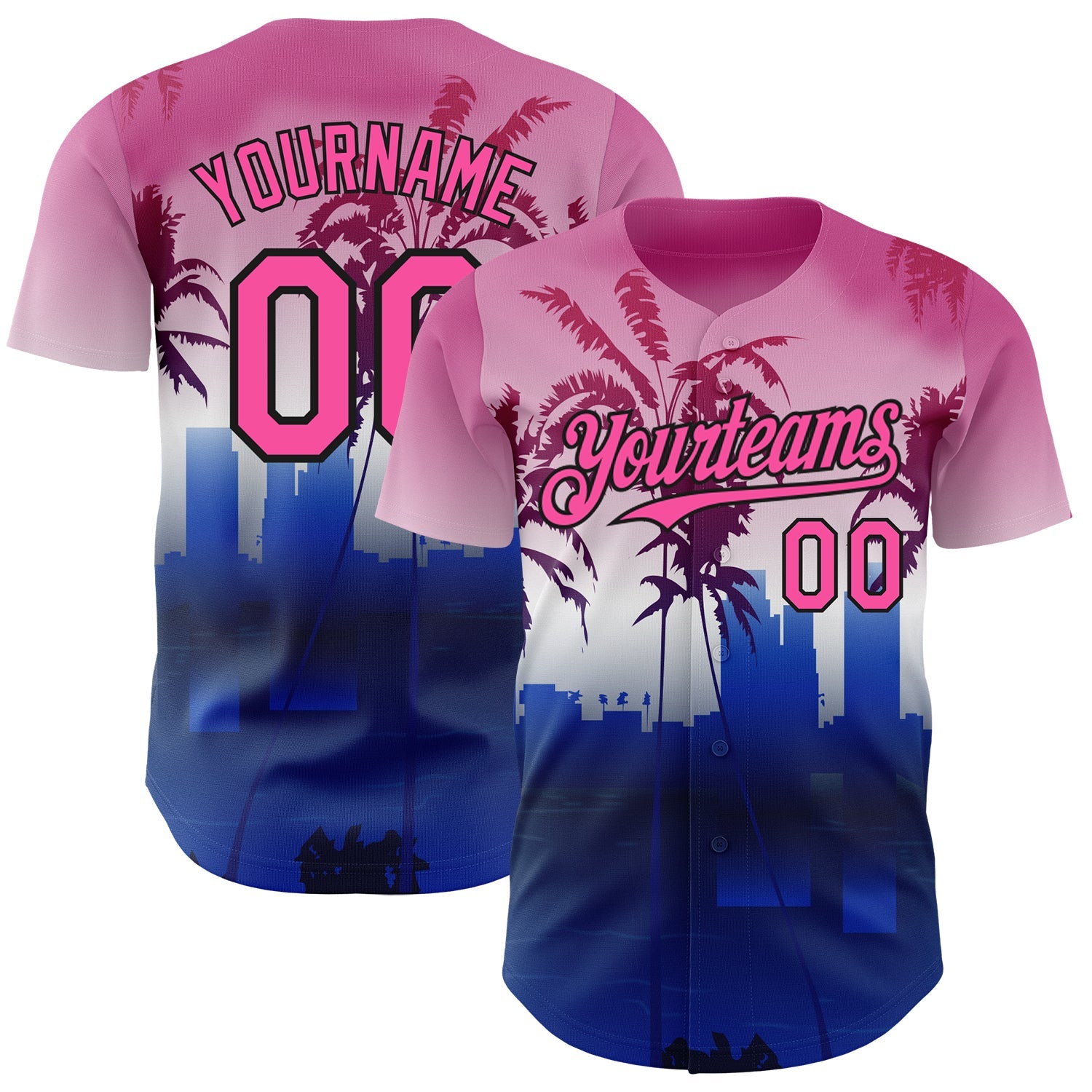 Custom Pink Blue Black-White Gradient Miami Palm Trees City Edition Authentic Baseball Jersey - Main View