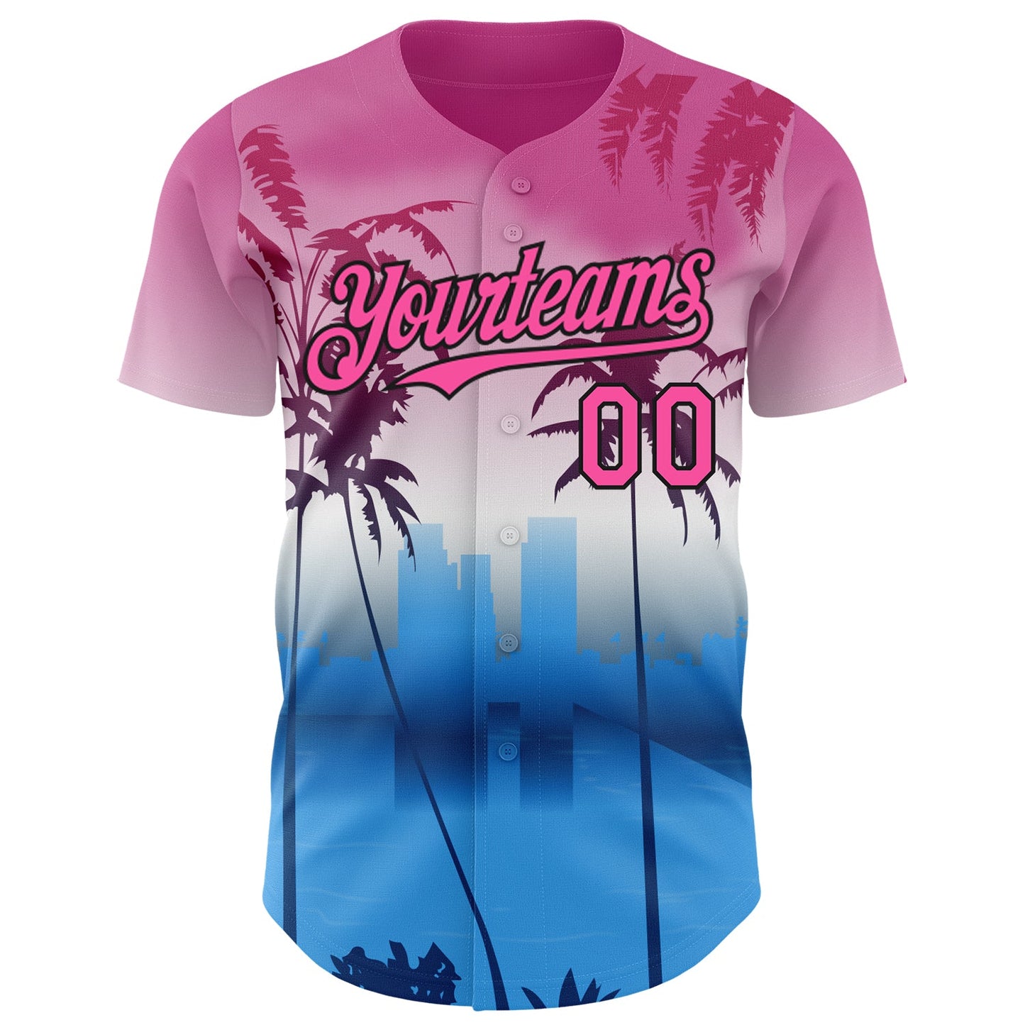 Custom Pink Blue Black-White Gradient Miami Palm Trees City Edition Authentic Baseball Jersey view 2
