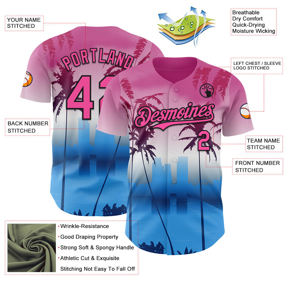 Custom Pink Blue Black-White Gradient Miami Palm Trees City Edition Authentic Baseball Jersey view 3