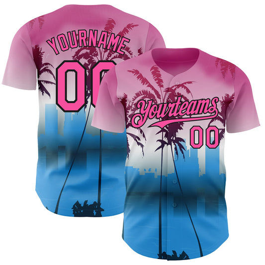 Custom Pink Blue Black-White Gradient Miami Palm Trees City Edition Authentic Baseball Jersey - Main View