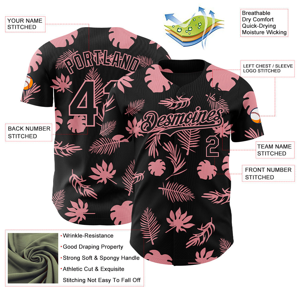 Custom Black Medium Pink Hawaii Palm Leaves Authentic Baseball Jersey view 3