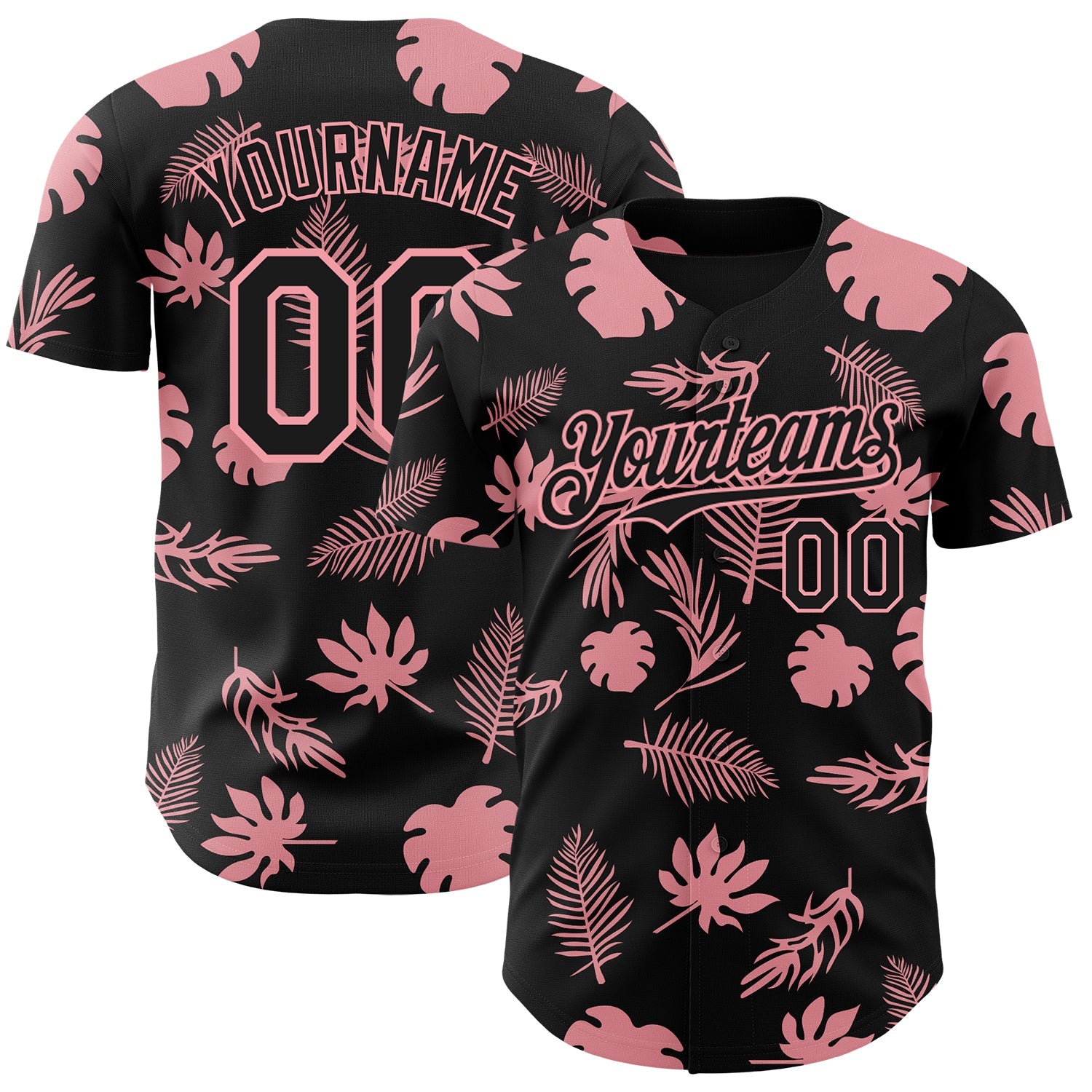 Custom Black Medium Pink Hawaii Palm Leaves Authentic Baseball Jersey - Main View
