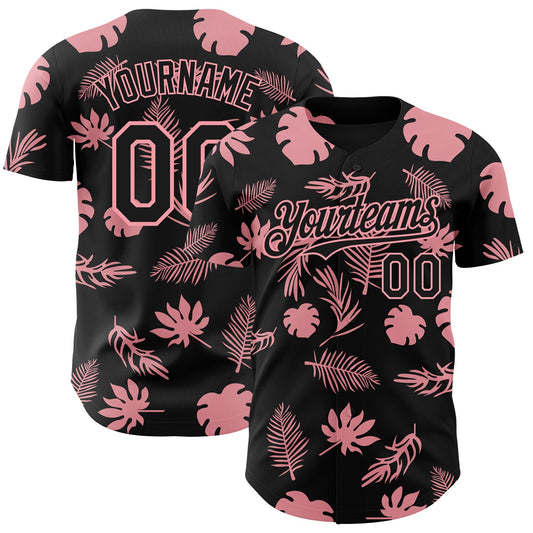 Custom Black Medium Pink Hawaii Palm Leaves Authentic Baseball Jersey - Main View