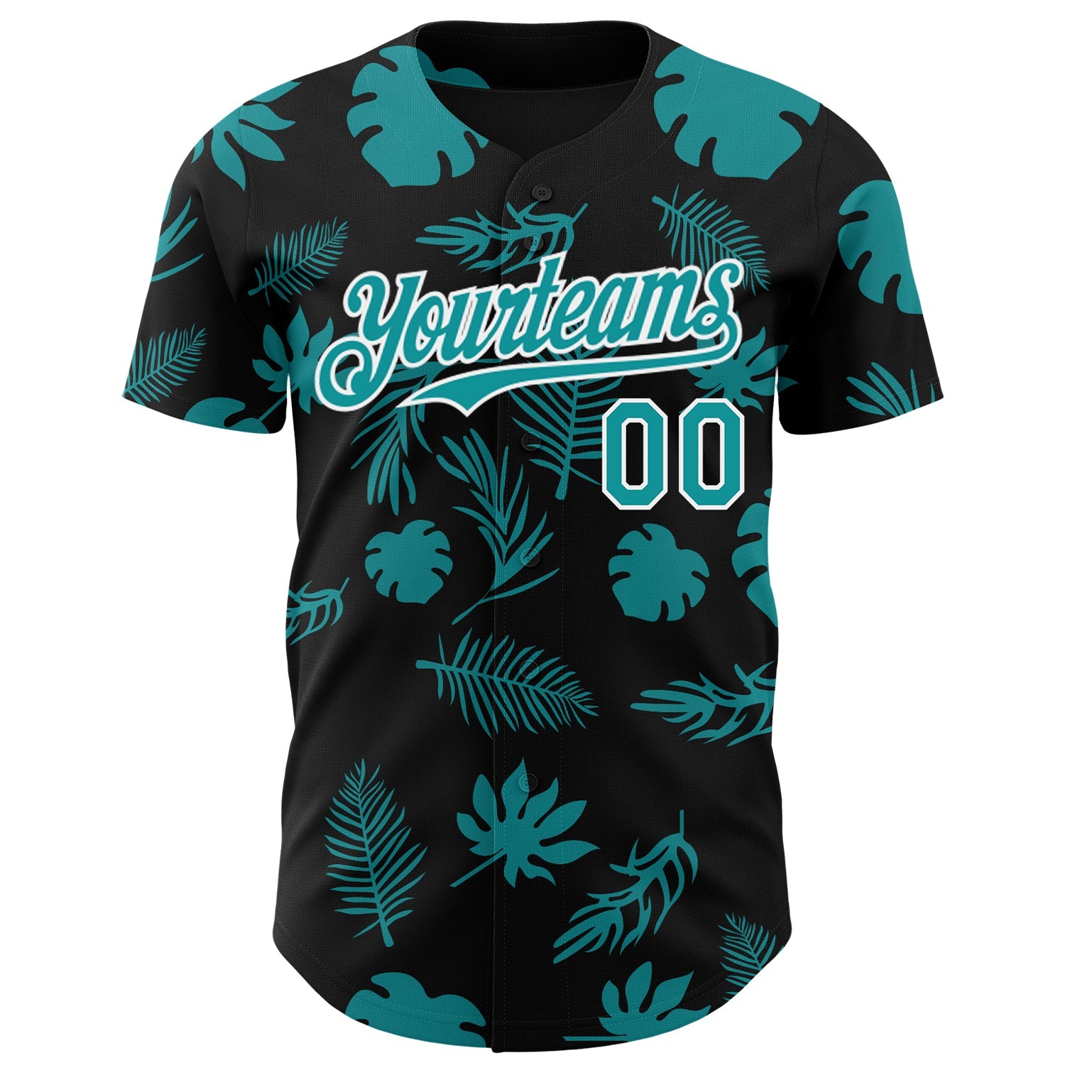 Custom Black Teal-White Hawaii Palm Leaves Authentic Baseball Jersey view 2