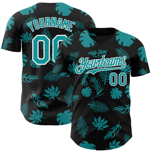 Custom Black Teal-White Hawaii Palm Leaves Authentic Baseball Jersey - Main View