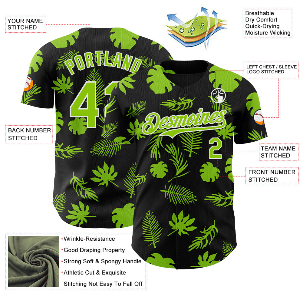Custom Black Neon Green-White Hawaii Palm Leaves Authentic Baseball Jersey view 3