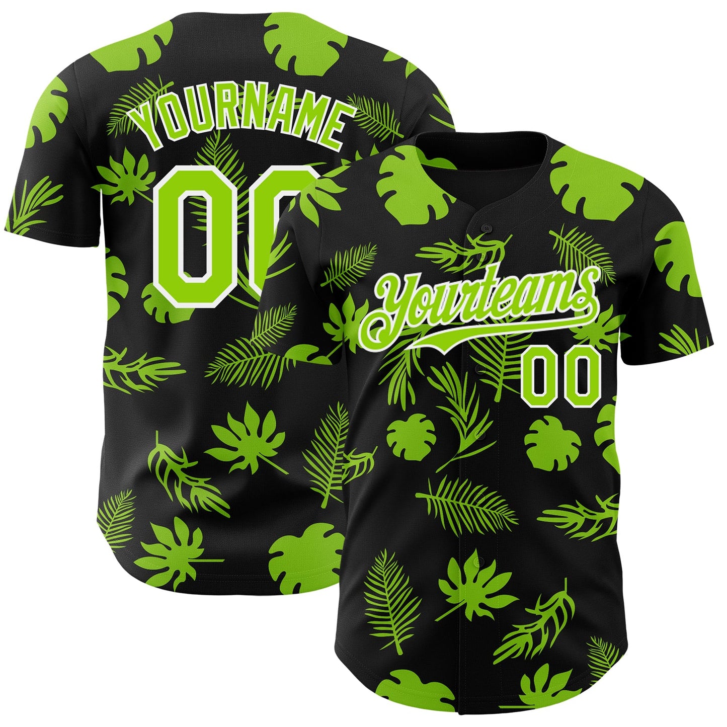 Custom Black Neon Green-White Hawaii Palm Leaves Authentic Baseball Jersey - Main View