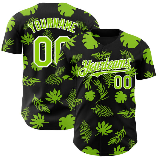 Custom Black Neon Green-White Hawaii Palm Leaves Authentic Baseball Jersey - Main View