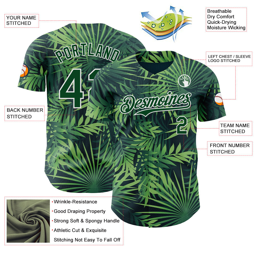 Custom Green White Hawaii Palm Leaves Authentic Baseball Jersey view 3