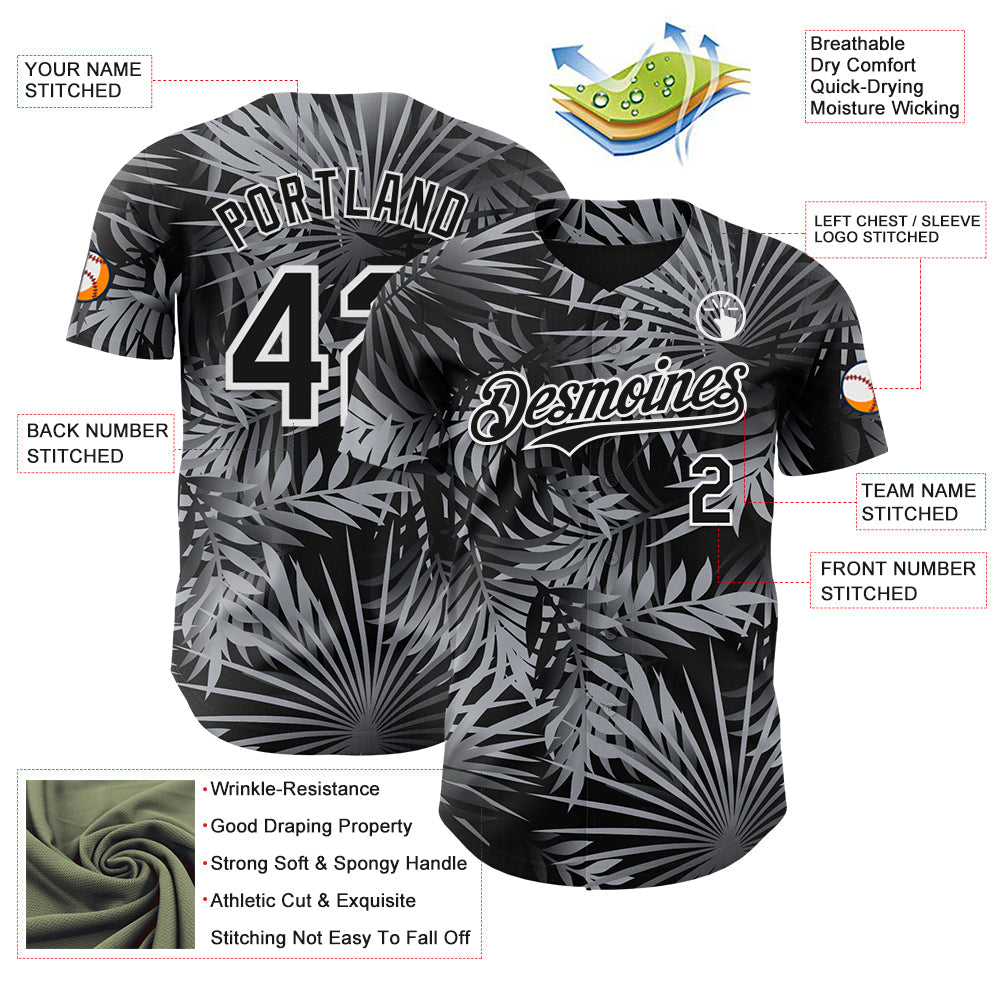 Custom Black Gray-White Hawaii Palm Leaves Authentic Baseball Jersey view 3