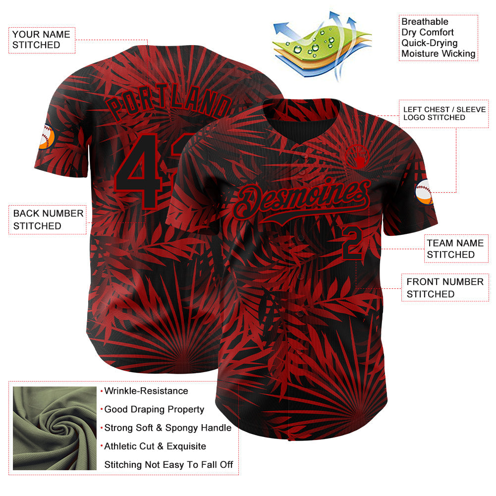 Custom Black Red Hawaii Palm Leaves Authentic Baseball Jersey view 3