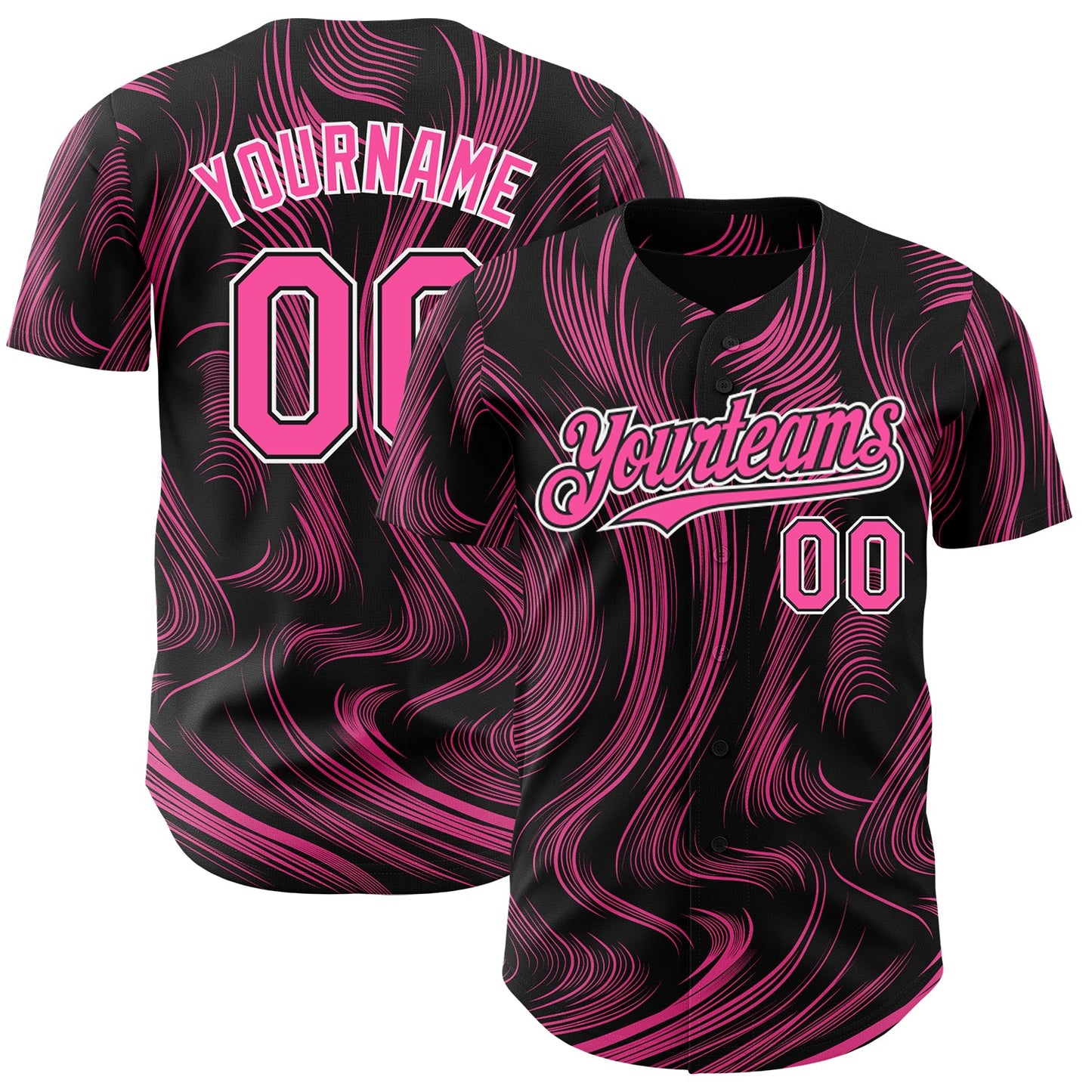 Custom Black Pink-White Fluid Lines Authentic Baseball Jersey - Main View