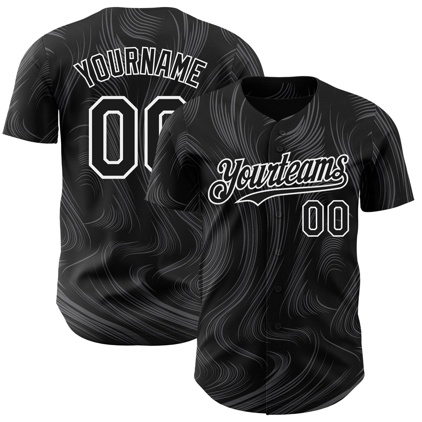 Custom Black White Fluid Lines Authentic Baseball Jersey - Main View
