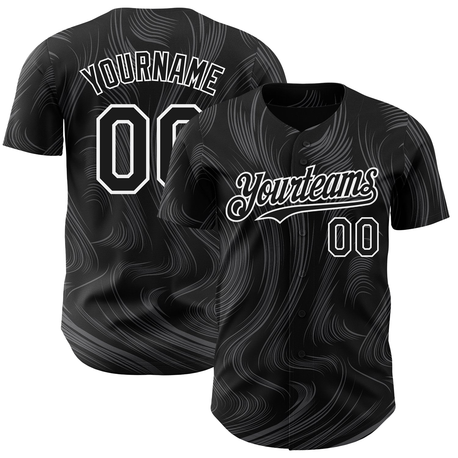 Custom Black White Fluid Lines Authentic Baseball Jersey - Main View