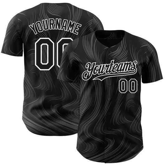 Custom Black White Fluid Lines Authentic Baseball Jersey - Main View