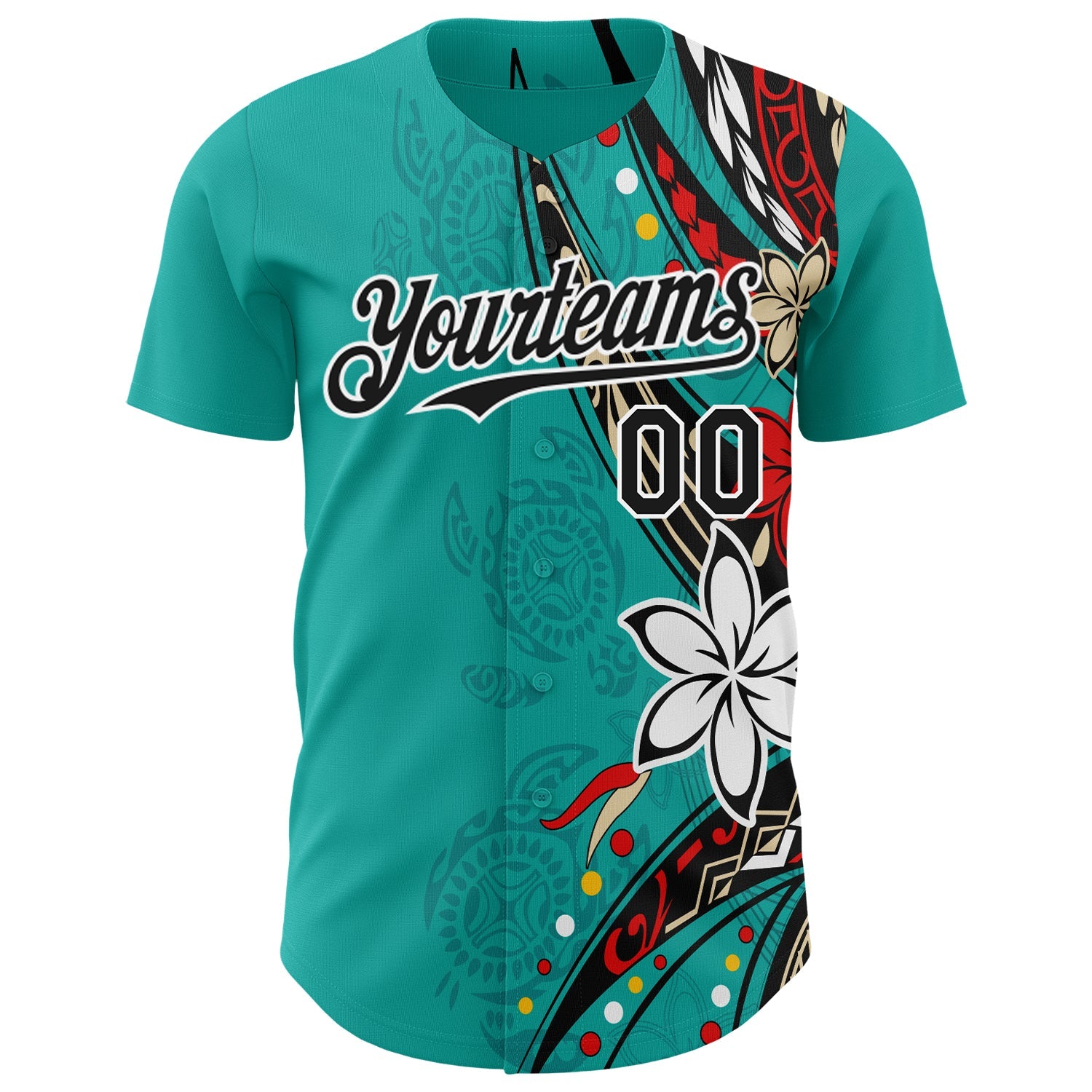 Custom Teal Black-White Hawaii Flower Authentic Baseball Jersey view 2