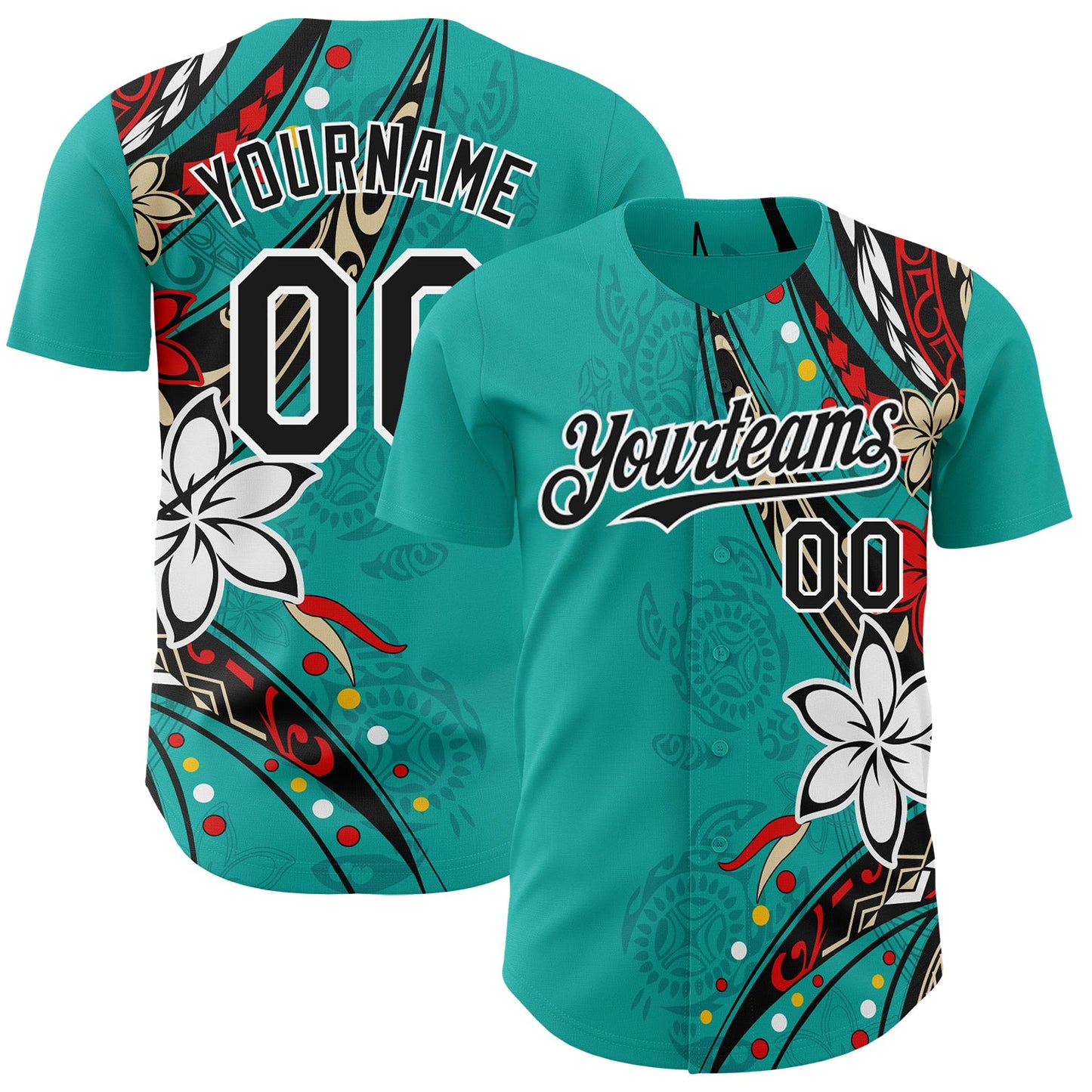 Custom Teal Black-White Hawaii Flower Authentic Baseball Jersey - Main View