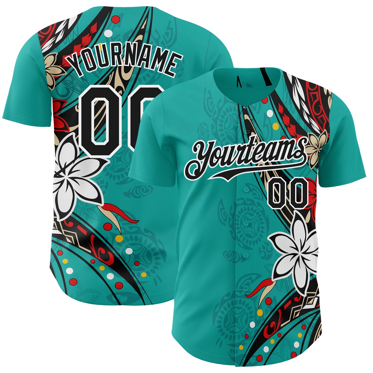 Custom Teal Black-White Hawaii Flower Authentic Baseball Jersey - Main View