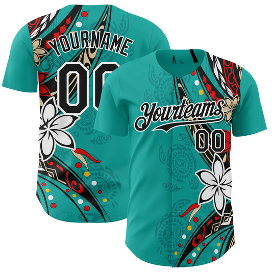Custom Teal Black-White Hawaii Flower Authentic Baseball Jersey - Main View