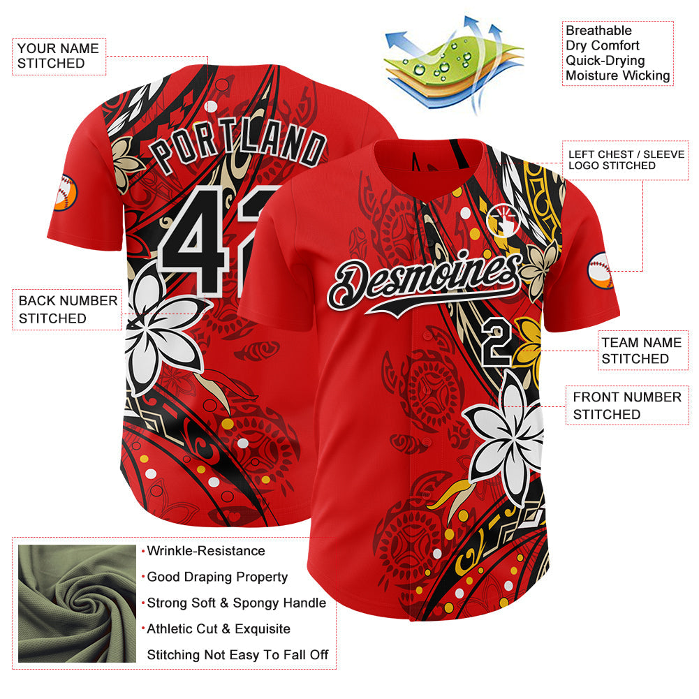 Custom Red Black-White Hawaii Flower Authentic Baseball Jersey view 3