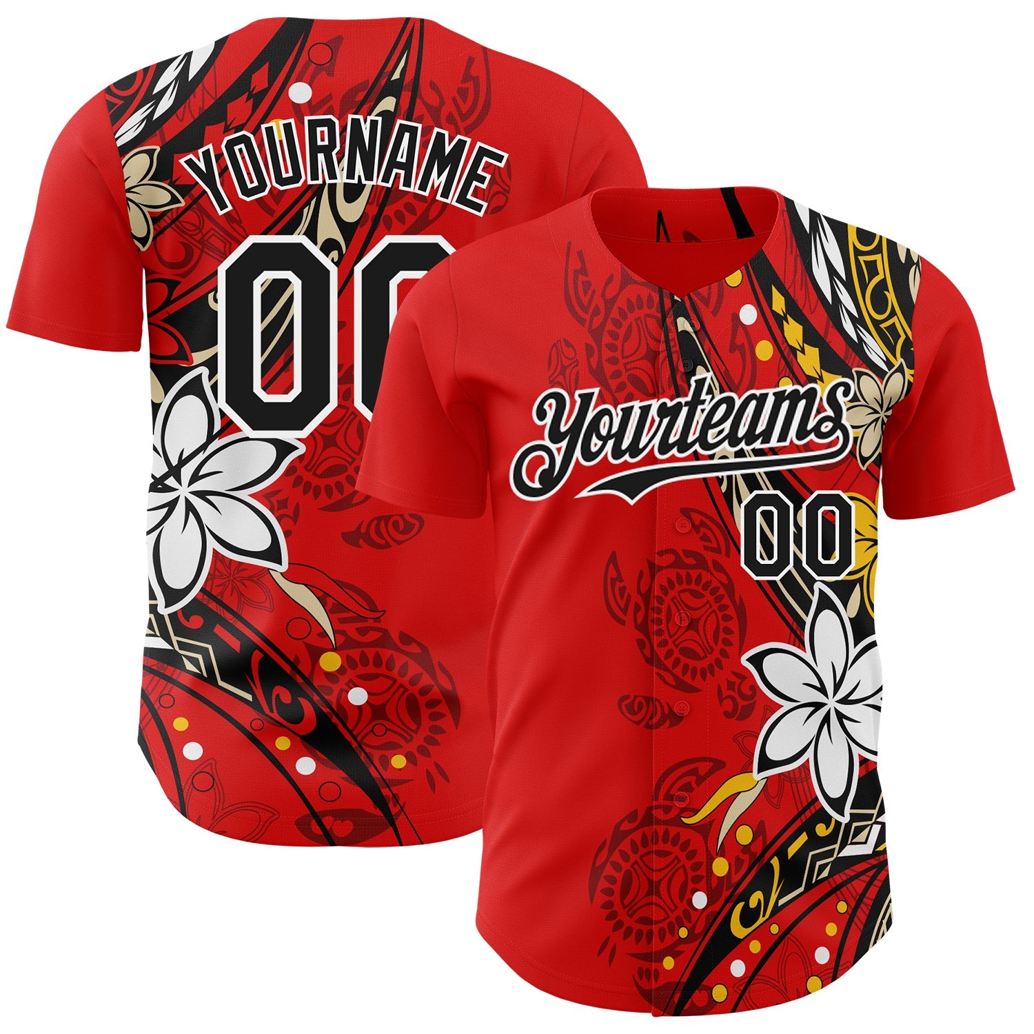 Custom Red Black-White Hawaii Flower Authentic Baseball Jersey - Main View