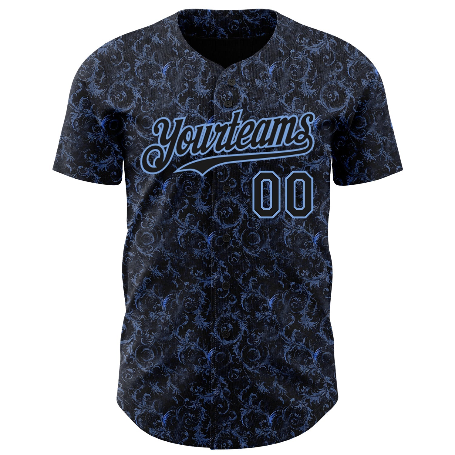 Custom Black Light Blue Flower Authentic Baseball Jersey view 2