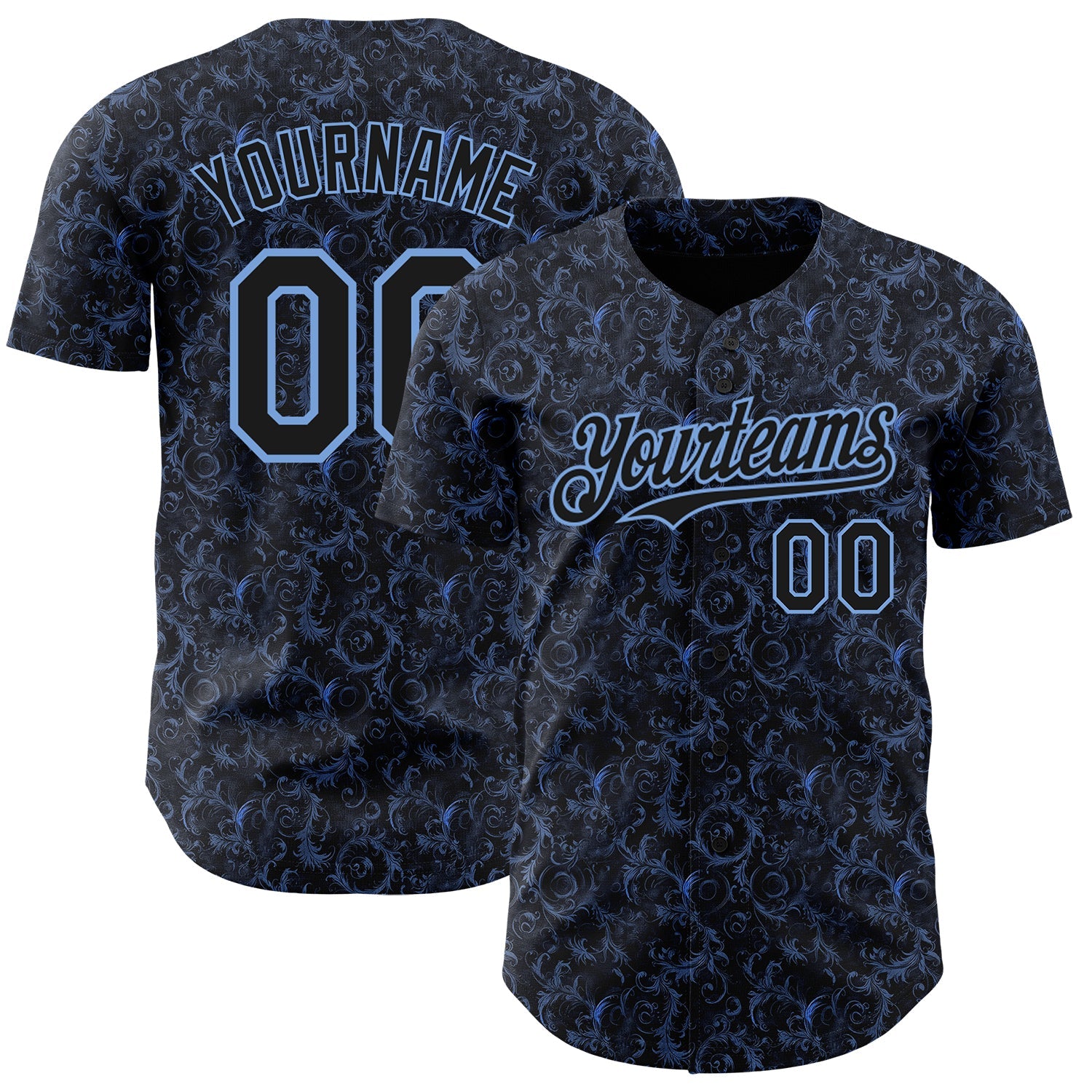 Custom Black Light Blue Flower Authentic Baseball Jersey - Main View