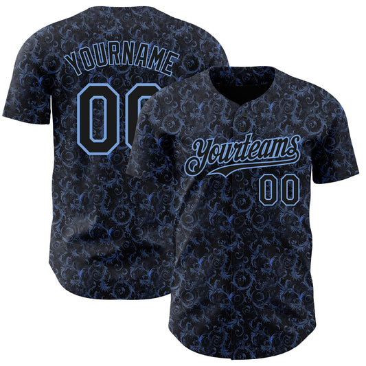 Custom Black Light Blue Flower Authentic Baseball Jersey - Main View
