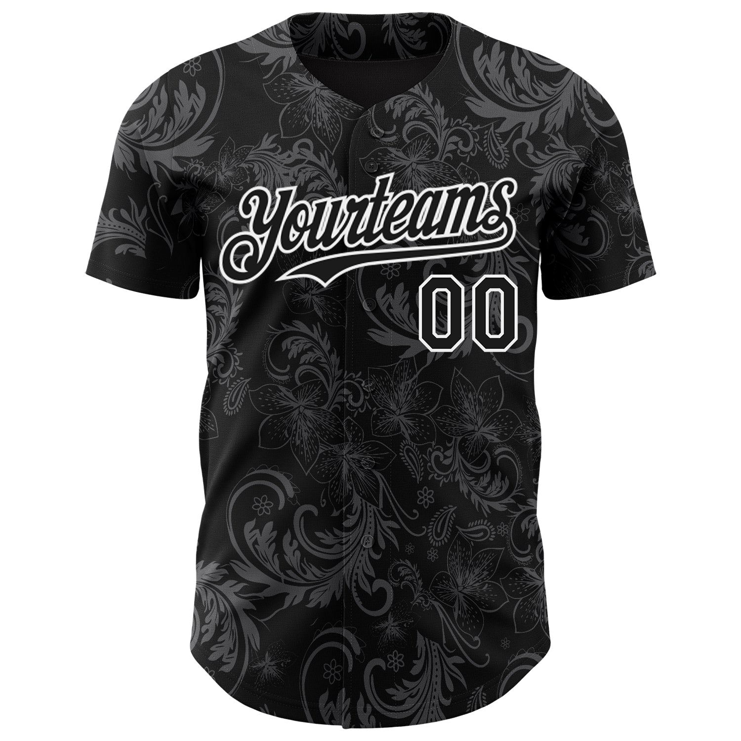 Custom Black White Flower Authentic Baseball Jersey view 2