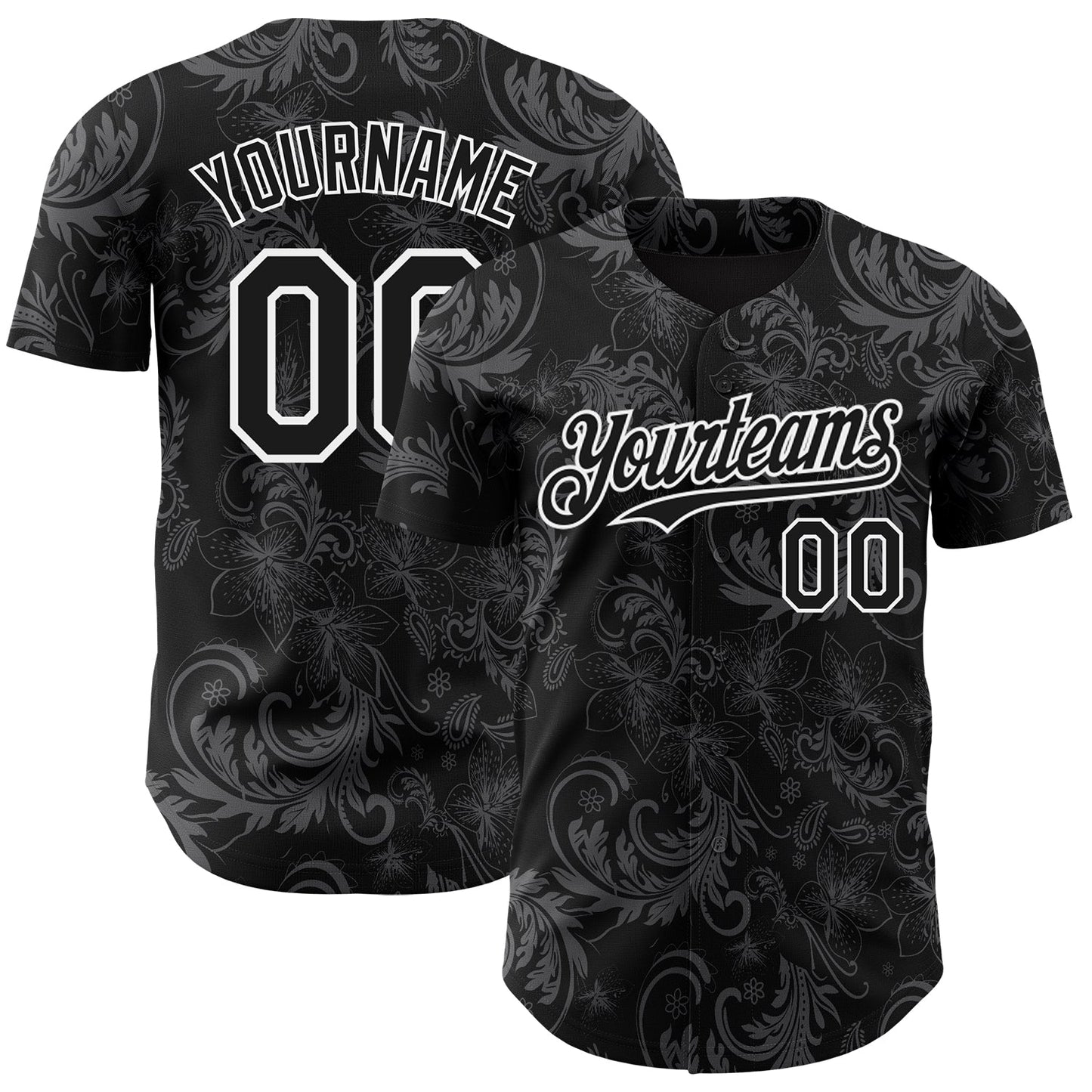 Custom Black White Flower Authentic Baseball Jersey - Main View