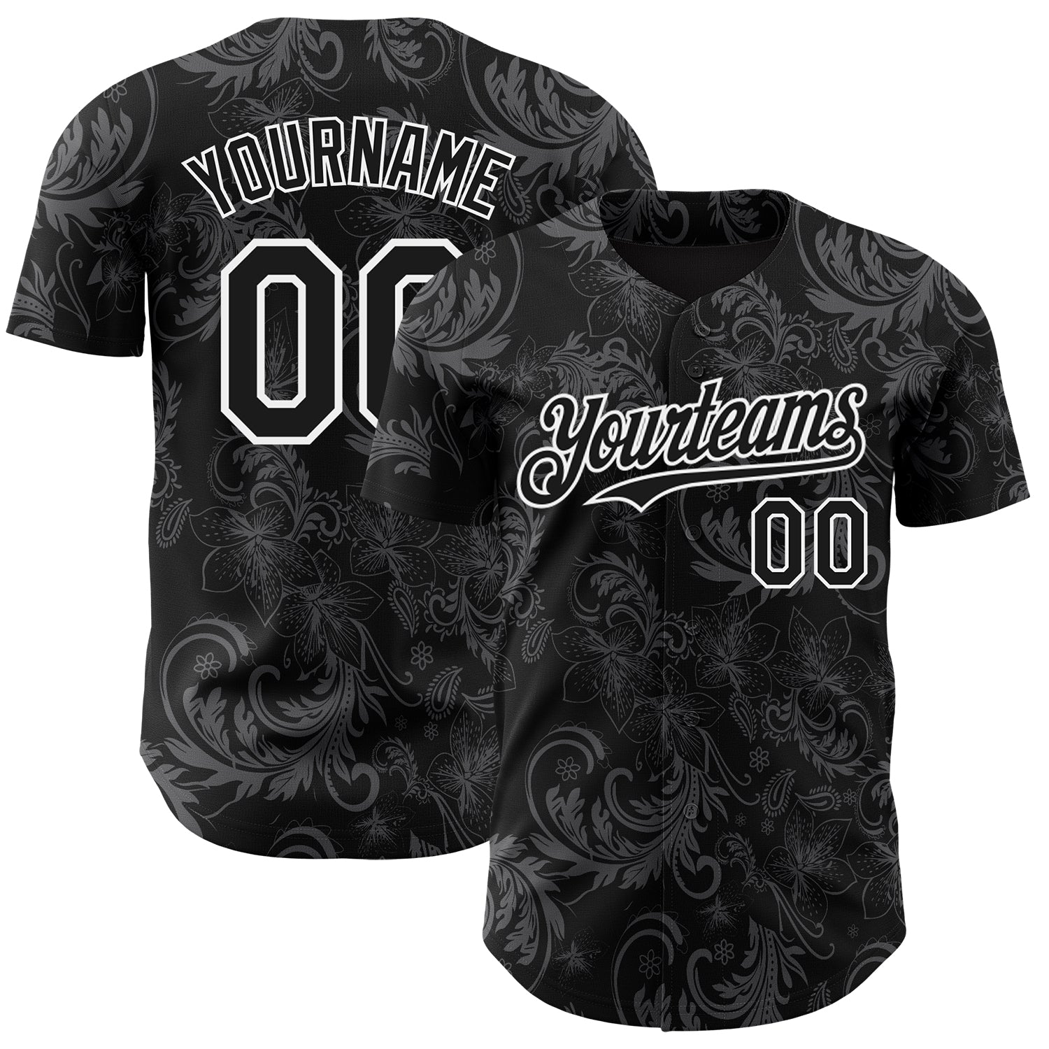 Custom Black White Flower Authentic Baseball Jersey - Main View
