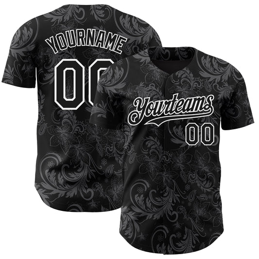 Custom Black White Flower Authentic Baseball Jersey - Main View