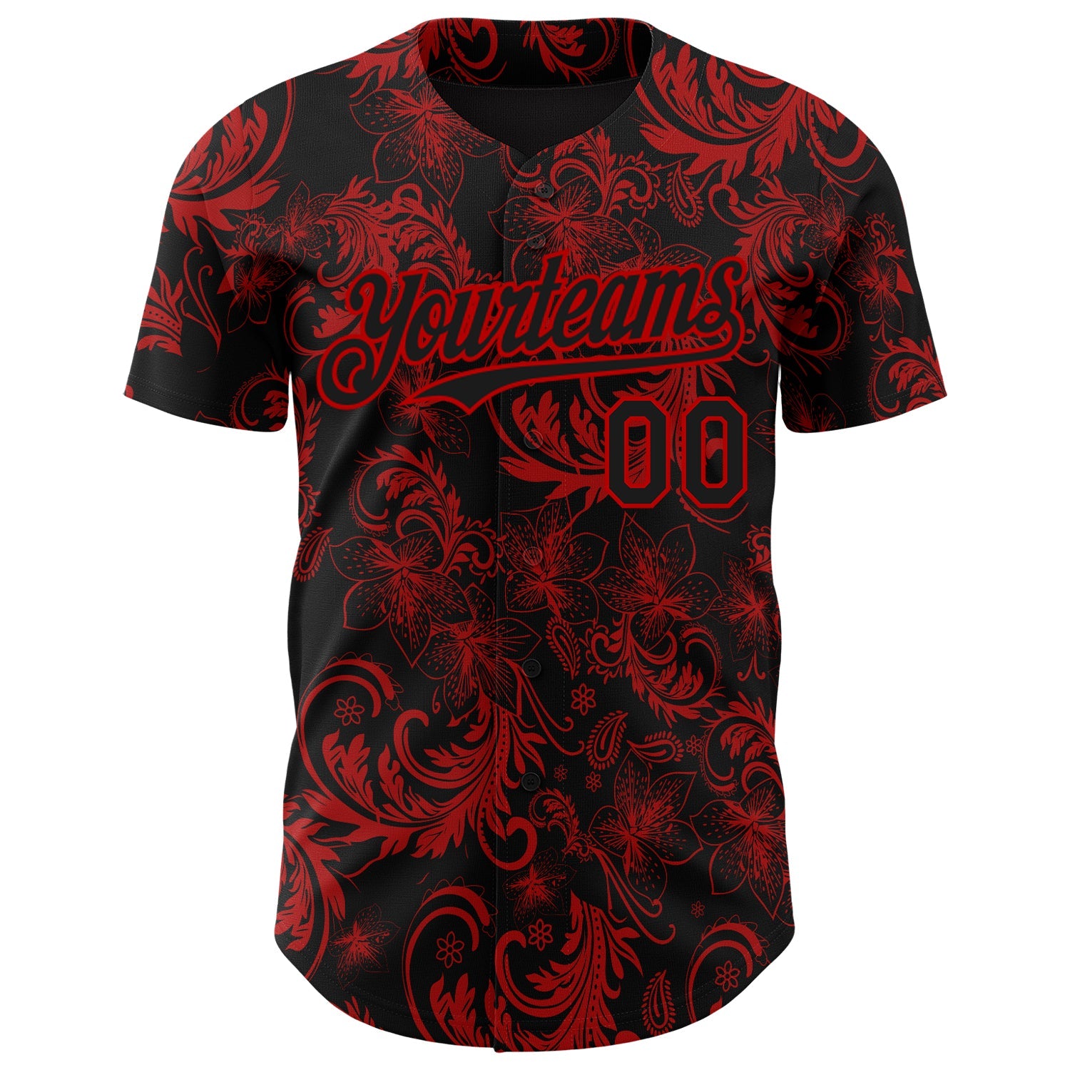 Custom Black Red Flower Authentic Baseball Jersey view 2