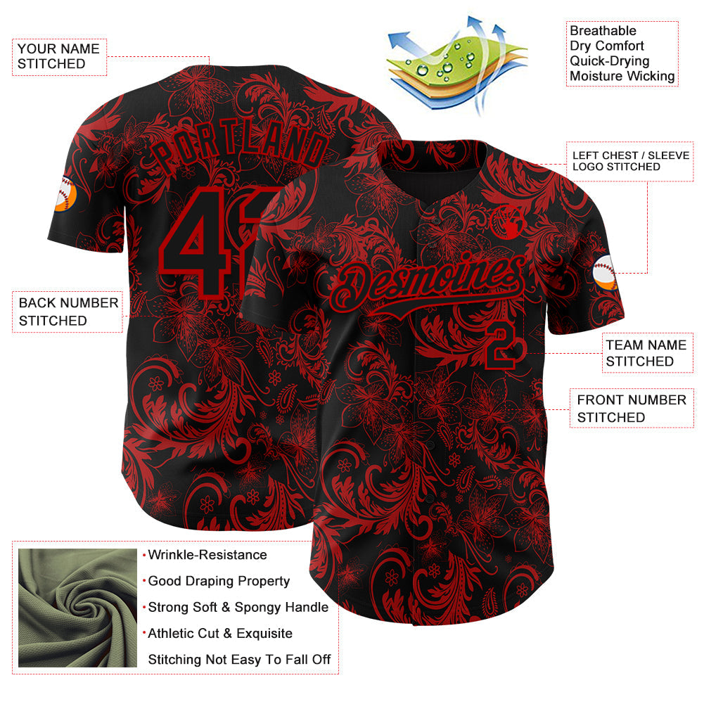 Custom Black Red Flower Authentic Baseball Jersey view 3