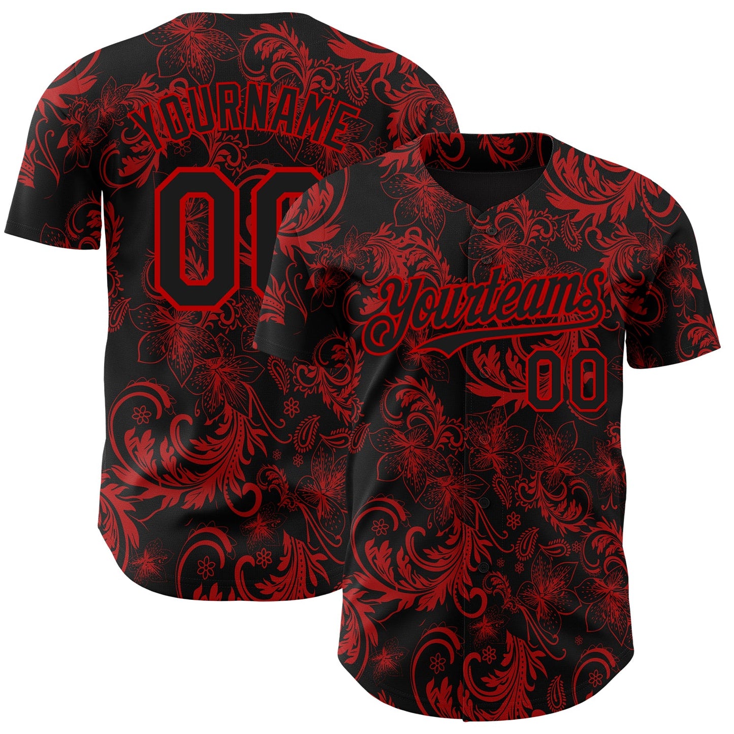 Custom Black Red Flower Authentic Baseball Jersey - Main View