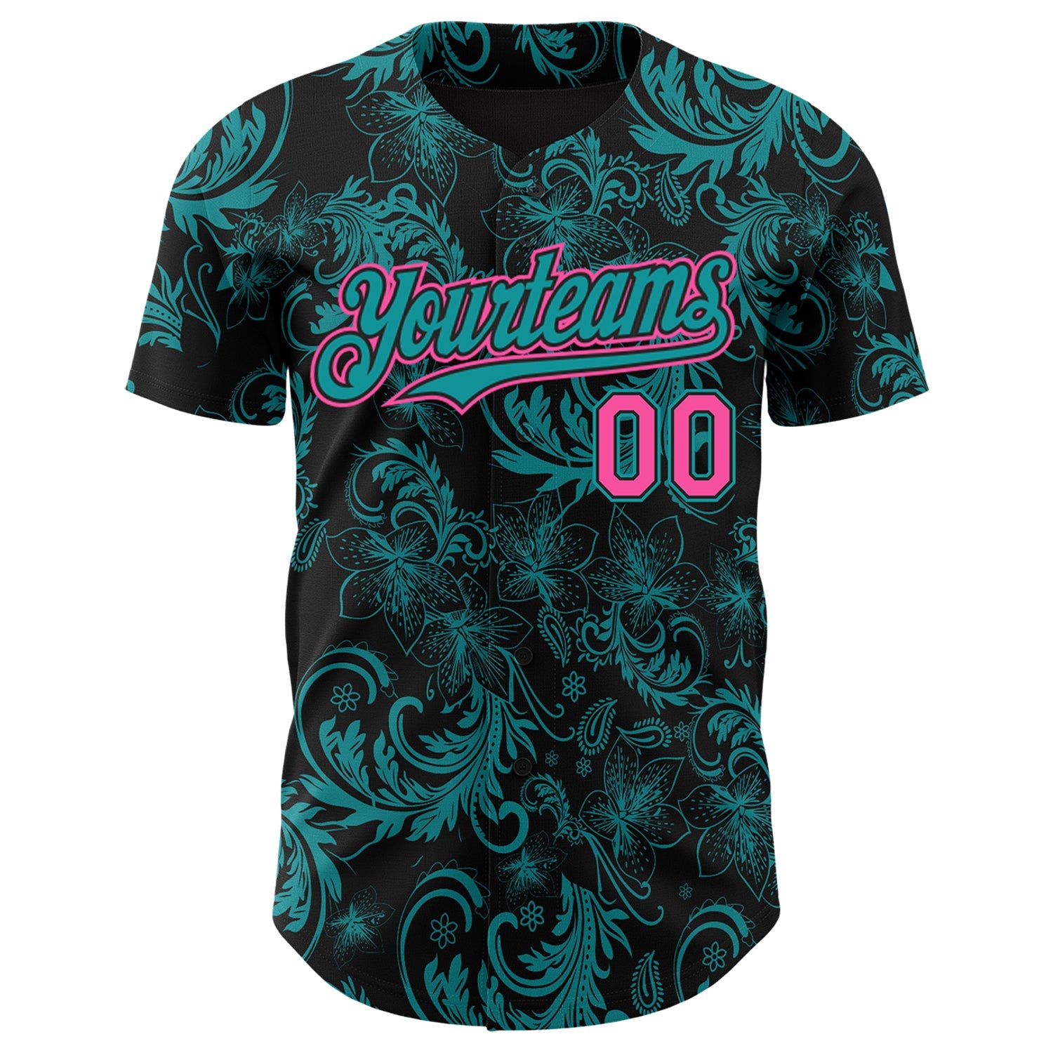 Custom Black Pink-Teal Flower Authentic Baseball Jersey view 2
