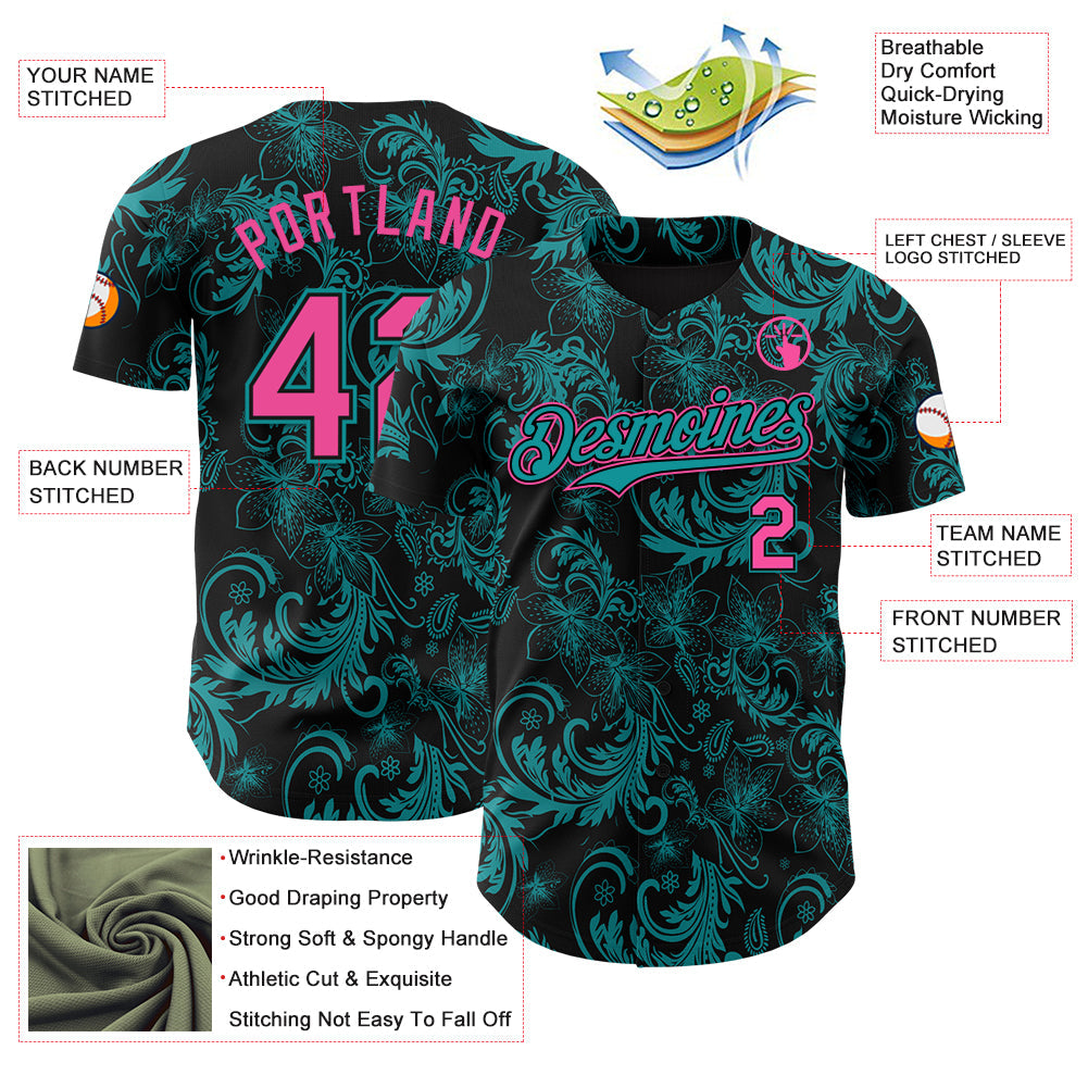 Custom Black Pink-Teal Flower Authentic Baseball Jersey view 3