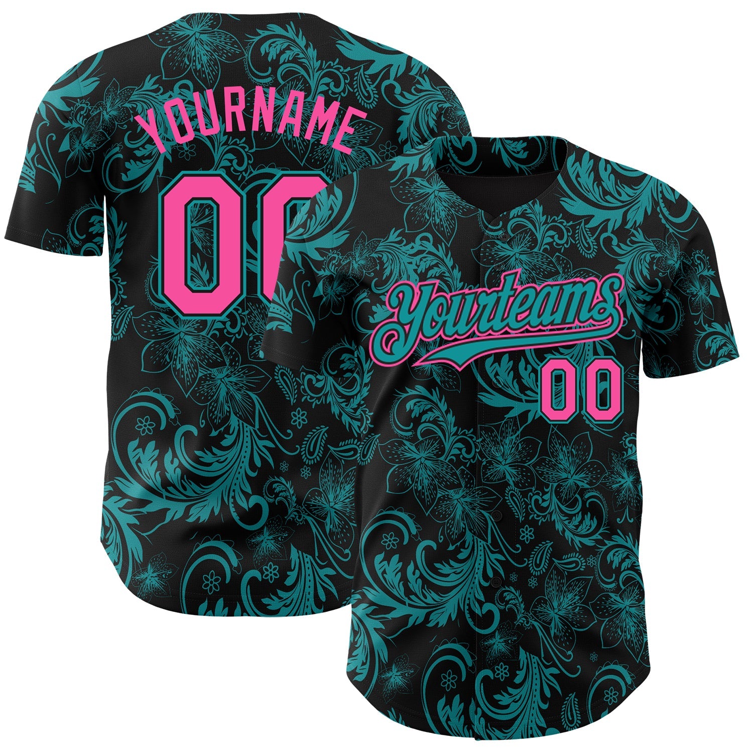 Custom Black Pink-Teal Flower Authentic Baseball Jersey - Main View