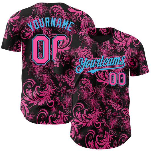 Custom Black Pink-Sky Blue Flower Authentic Baseball Jersey - Main View