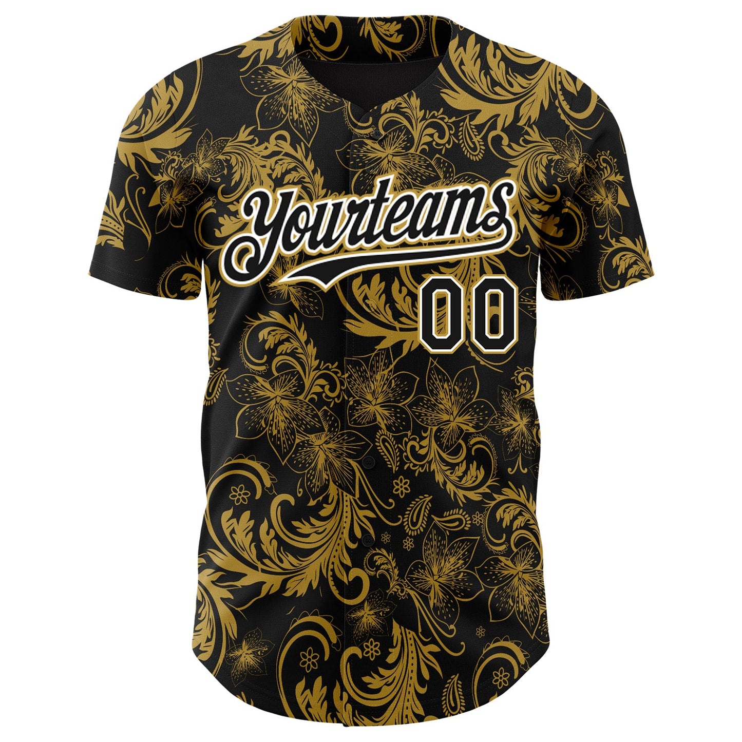 Custom Black Old Gold-White Flower Authentic Baseball Jersey view 2