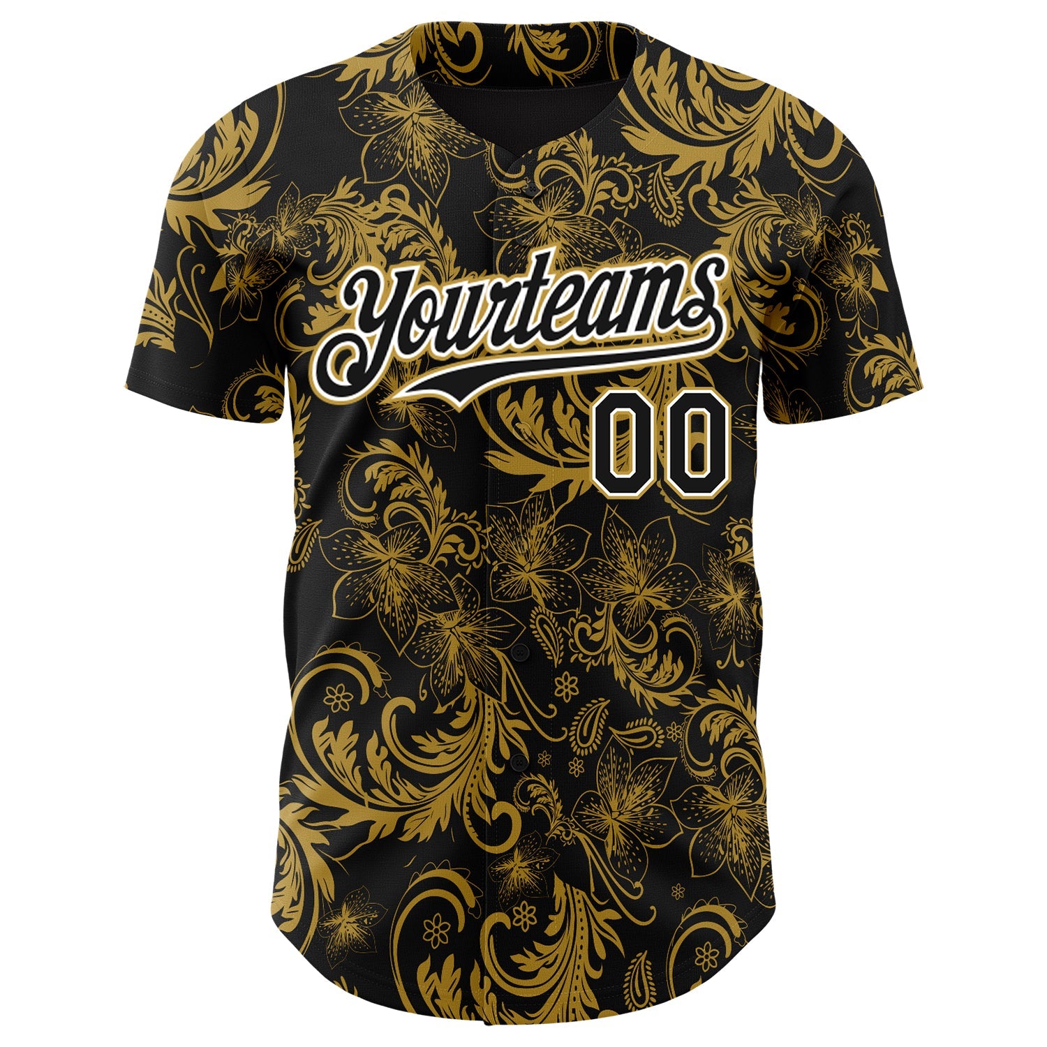 Custom Black Old Gold-White Flower Authentic Baseball Jersey view 2